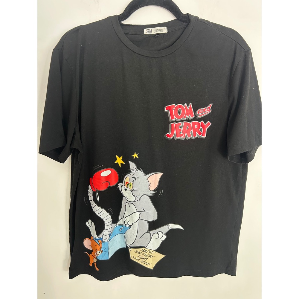 Tom and Jerry Graphic T-Shirt Black Cartoon Boxing Glove Print Mens Size M